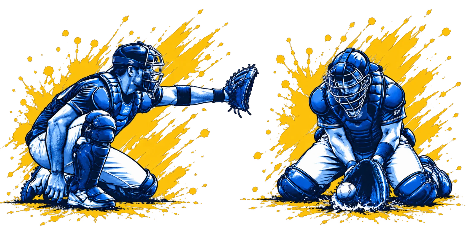 Illustration of a catcher reaching to receive a pitch, and a catcher dropping to block a ball in the dirt