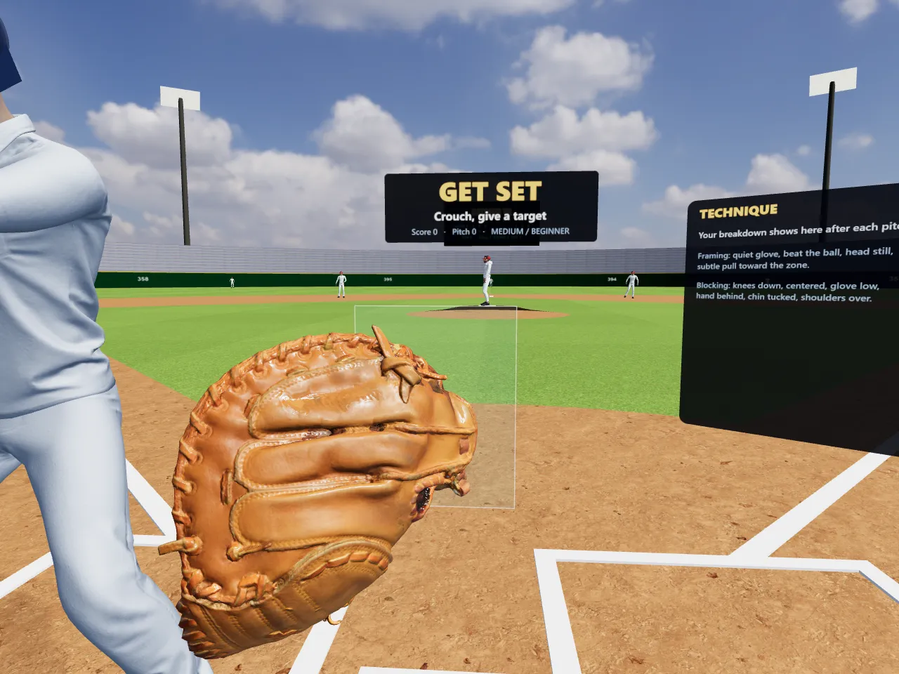 Catcher's-eye view of a pitcher on the mound, with the mitt raised and the strike zone outlined