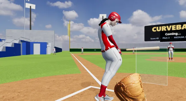 A softball batter swinging as a curveball arrives at the catcher's mitt